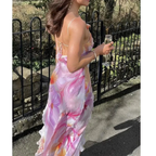 Beautiful Ruffle Graphic Floral Print Low Backless Long Prom Dress Slit Party Evening Dress Y8099 by simplepromdress
