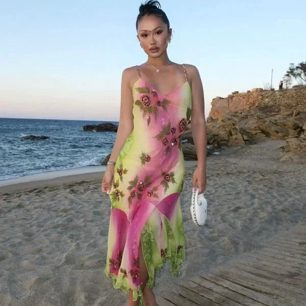 Pink Green Gradient Beaded Spaghetti Strap Chiffon Long Ruffled Evening Dress Party Prom Dress Y8495 by simplepromdress