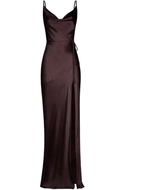 ZAPDRESS dark brown satin slip dress with cowl neckline, side tie, and thigh-high slit