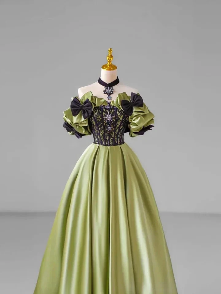 Chic Green Bow Lace Beaded Satin Prom Dress Off-The-Shoulder Ball Gown Y7745 by simplepromdress