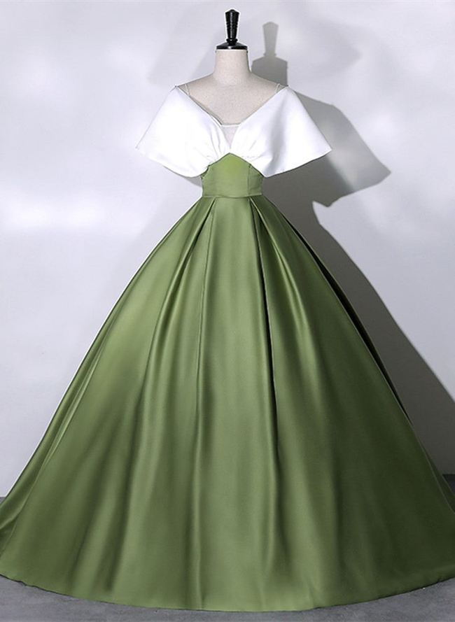 Green and White Satin Long Ball Gown Long Formal Dress Y7001 Hover Image