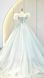 A-Line Puff Sleeves Blue Long Prom Dress, Tulle Formal Evening Dress Y2932 by simplepromdress