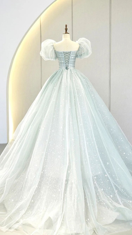 A-Linie Puffärmel Blau Langes Ballkleid, Tüll Abendkleid Y2932