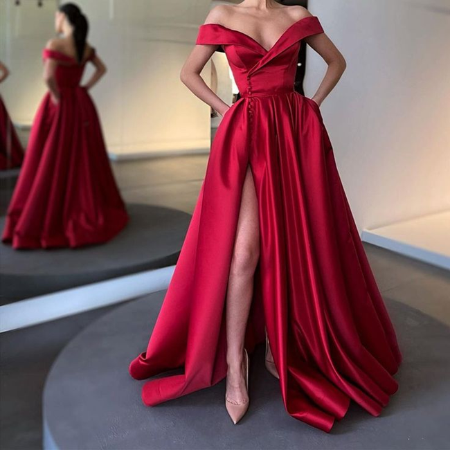 Off the Shoulder Burgundy Satin Long Prom Dresses Off Shoulder Wine Red Long Formal Evening Dresses Y7153 Hover Image