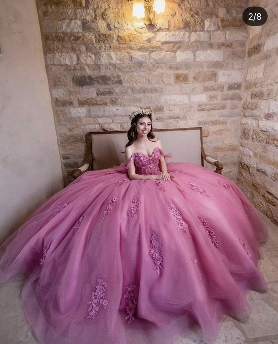 Luxury Dusty Rose Off Shoulder Lace 3D Flower Applique Ball Gown Birthday Party Dress  Y7016 Main Image