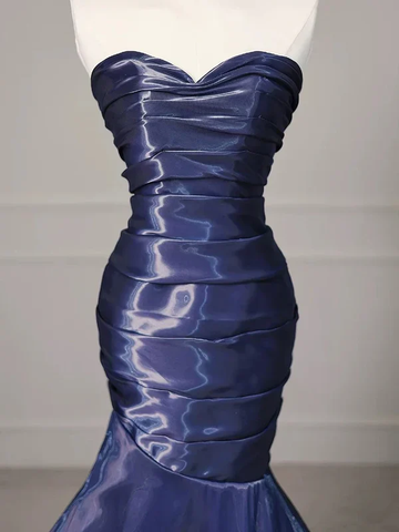 Gorgeous Nevy Blue Mermaid Strapless Pleated Long Prom Dress Evening Dress Y7987