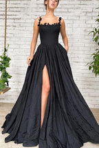 A Line Taffeta Split Black Long Prom Dress With Pockets PSK368 by pgmdress