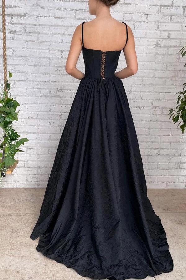 A Line Taffeta Split Black Long Prom Dress With Pockets PSK368 by pgmdress