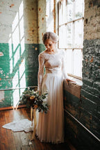 A Line Boho Lace Long Sleeves Open Back Rustic Wedding Dresses WD580 by pgmdress