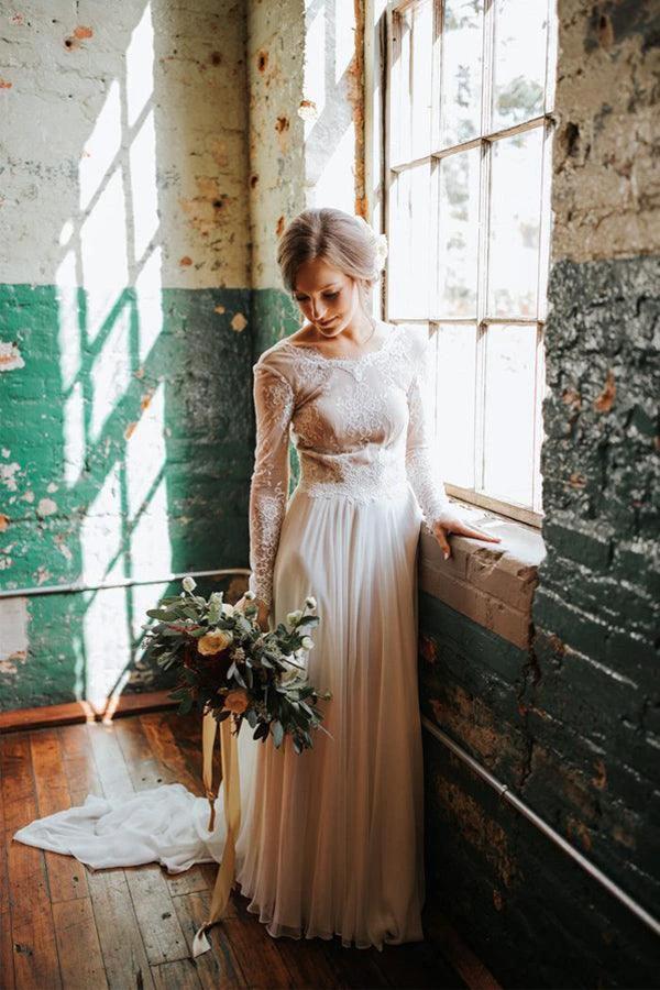 A Line Boho Lace Long Sleeves Open Back Rustic Wedding Dresses WD580 by pgmdress