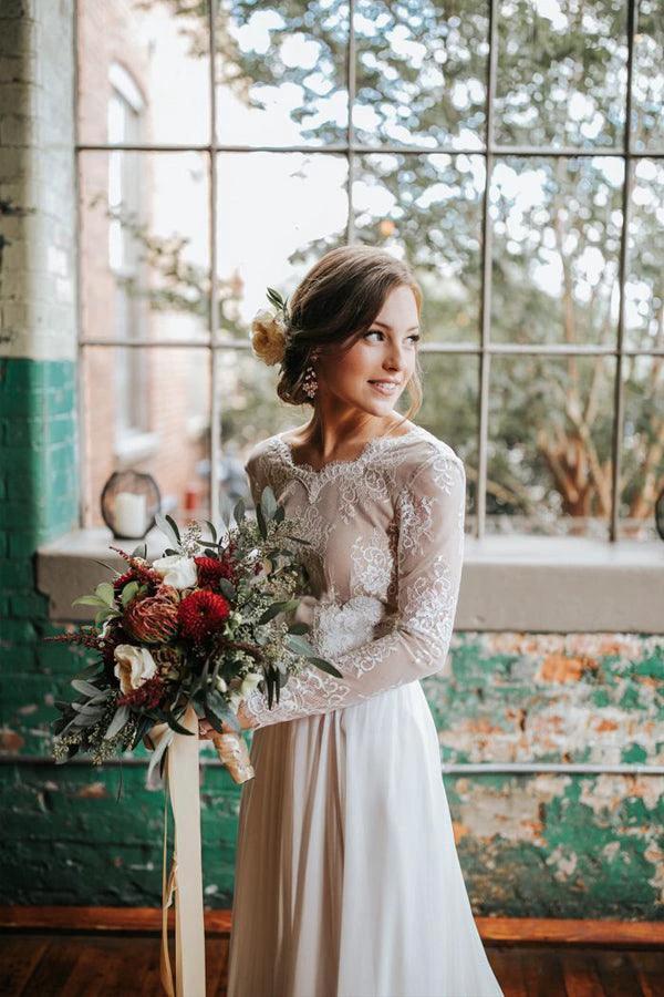 A Line Boho Lace Long Sleeves Open Back Rustic Wedding Dresses WD580 by pgmdress
