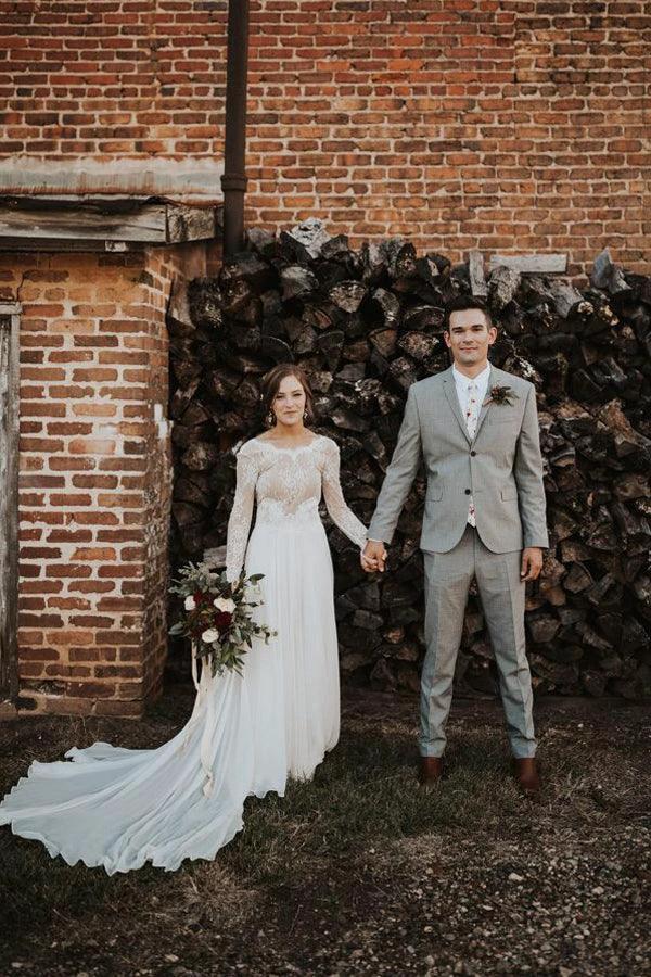 A Line Boho Lace Long Sleeves Open Back Rustic Wedding Dresses WD580 by pgmdress