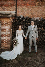 A Line Boho Lace Long Sleeves Open Back Rustic Wedding Dresses WD580 by pgmdress