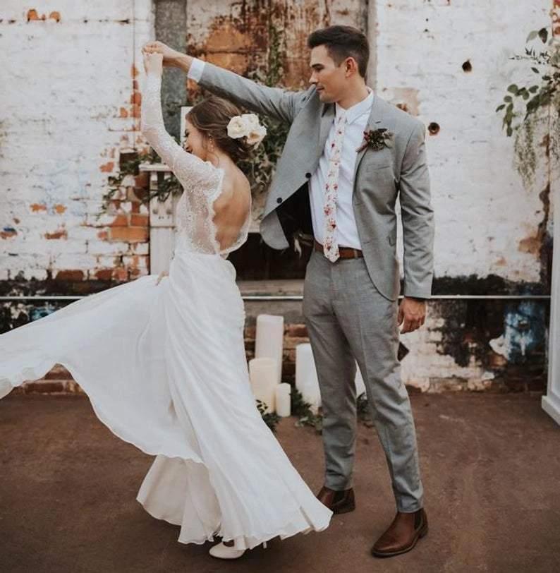A Line Boho Lace Long Sleeves Open Back Rustic Wedding Dresses WD580 by pgmdress