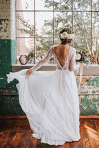 A Line Boho Lace Long Sleeves Open Back Rustic Wedding Dresses WD580 by pgmdress