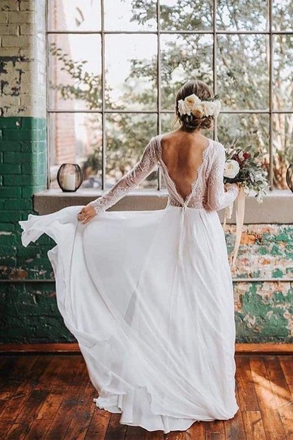 A Line Boho Lace Long Sleeves Open Back Rustic Wedding Dresses WD580 by pgmdress