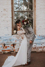 A Line Boho Lace Long Sleeves Open Back Rustic Wedding Dresses WD580 by pgmdress