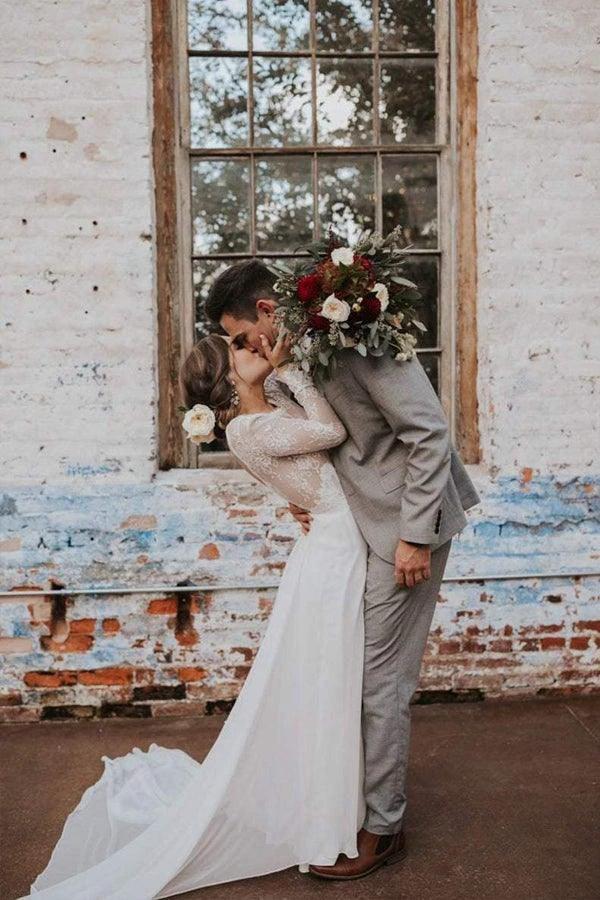 A Line Boho Lace Long Sleeves Open Back Rustic Wedding Dresses WD580 by pgmdress