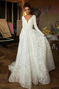A Line Elegant Long Sleeves V Neck Beach Wedding Dress Bridal Gown WD551 by pgmdress