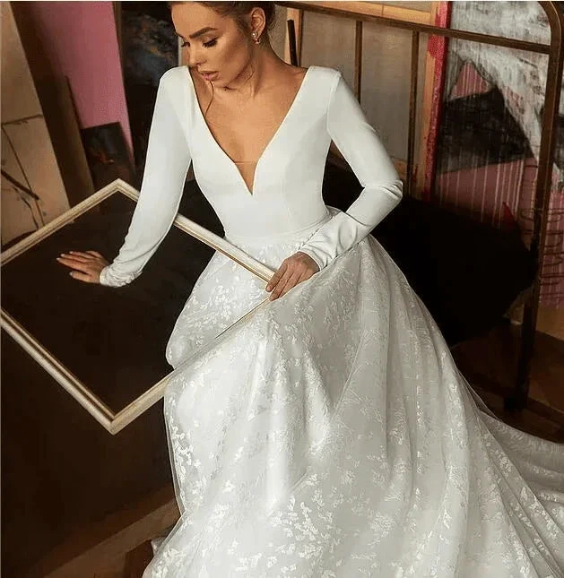 A Line Elegant Long Sleeves V Neck Beach Wedding Dress Bridal Gown WD551 by pgmdress