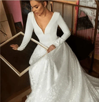 A Line Elegant Long Sleeves V Neck Beach Wedding Dress Bridal Gown WD551 by pgmdress