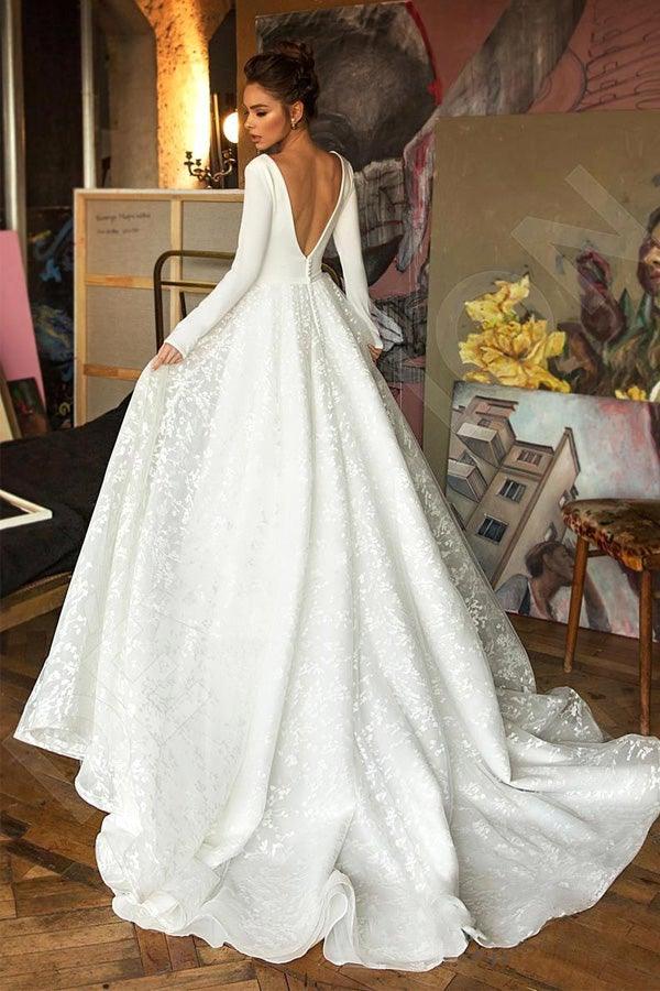 A Line Elegant Long Sleeves V Neck Beach Wedding Dress Bridal Gown  WD551 Main Image