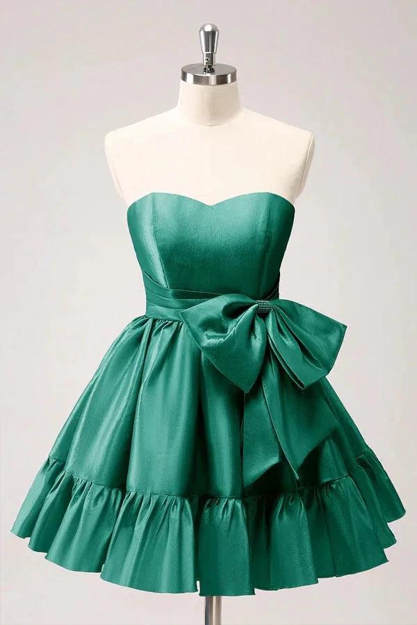 A Line Fuchsia Strapless Ruffle Cute Homecoming Dress with Bow PD558 by pgmdress