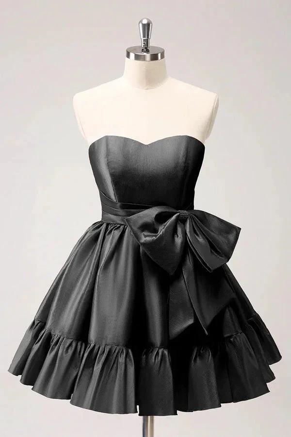 A Line Fuchsia Strapless Ruffle Cute Homecoming Dress with Bow PD558 by pgmdress