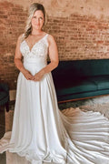 A Line Ivory Floral Lace Open Back Long Wedding Dresses WD686 by pgmdress