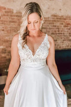 A Line Ivory Floral Lace Open Back Long Wedding Dresses WD686 by pgmdress