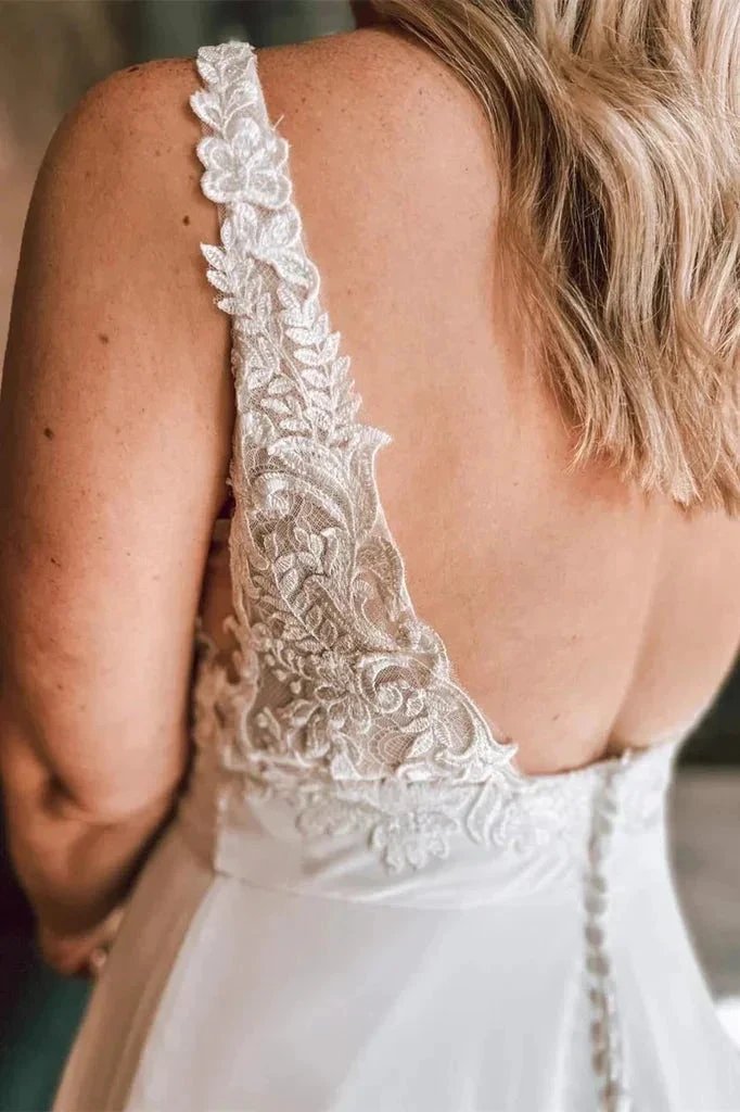 A Line Ivory Floral Lace Open Back Long Wedding Dresses WD686 by pgmdress
