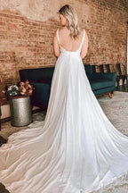 A Line Ivory Floral Lace Open Back Long Wedding Dresses WD686 by pgmdress