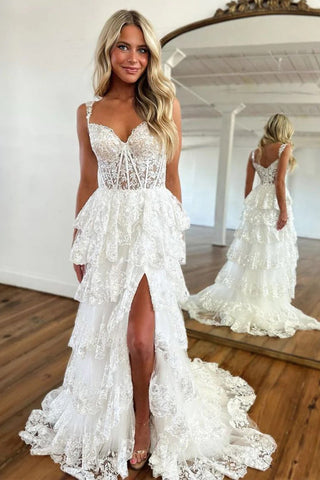 Impresionante vestido de fiesta de noche con encaje en capas y abertura en la espalda PSK456