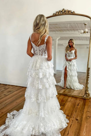 Impresionante vestido de fiesta de noche con encaje en capas y abertura en la espalda PSK456