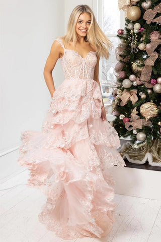 Impresionante vestido de fiesta de noche con encaje en capas y abertura en la espalda PSK456