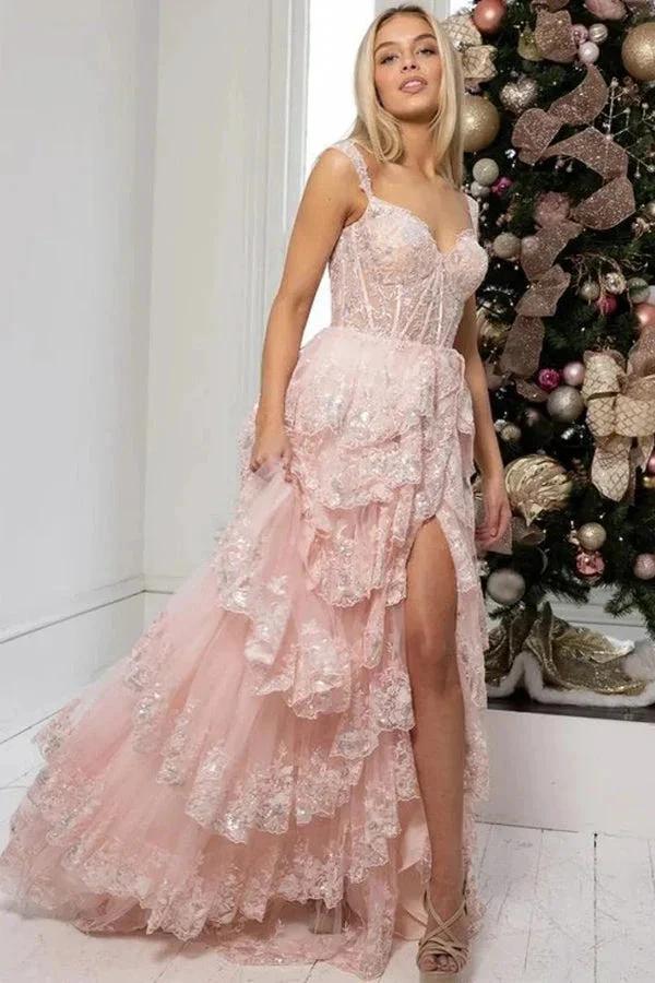 A Line Lace Tiered Stunning Prom Dress Evening Dress With Split PSK456 by pgmdress
