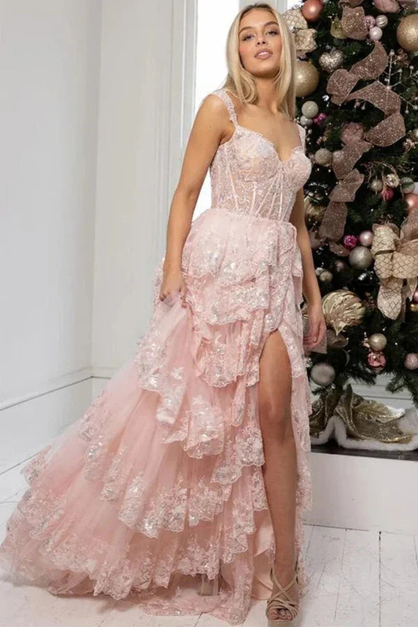 A Line Lace Tiered Stunning Prom Dress Evening Dress With Split PSK456