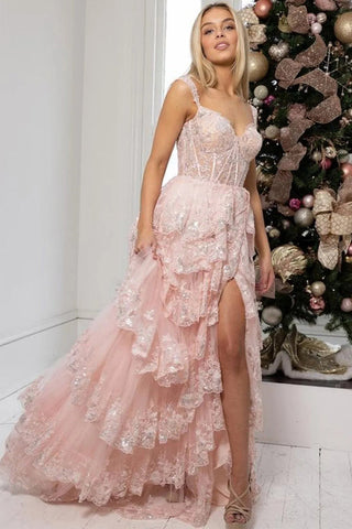 Impresionante vestido de fiesta de noche con encaje en capas y abertura en la espalda PSK456