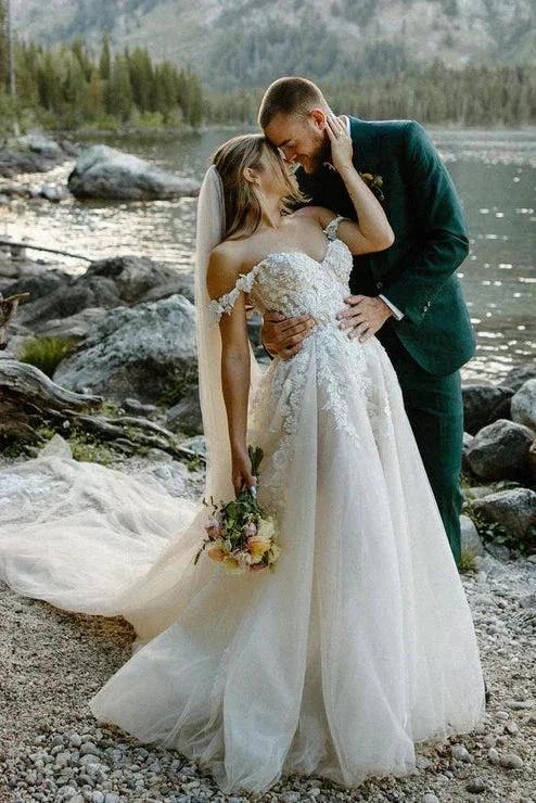 A Line Off the Shoulder Appliques Bohemian Wedding Dresses Bridal Gown WD674 by pgmdress