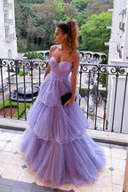 A Line Purple Tulle Long Prom Dresses Layered Evening Formal Dresses PSK361 by pgmdress