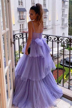 A Line Purple Tulle Long Prom Dresses Layered Evening Formal Dresses PSK361 by pgmdress