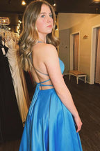 A Line Scoop Neck Spaghetti Straps Blue Satin Long Prom Dress With Slit PSK363 by pgmdress