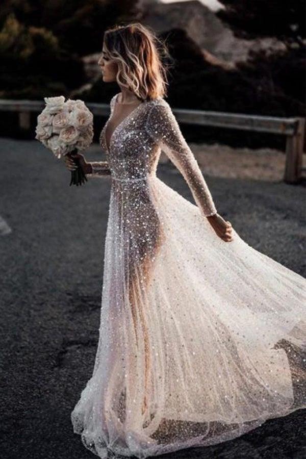 A Line See Through Deep V Neck Long Sleeves Sparkly Wedding Dresses WD569 by pgmdress