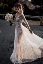 A Line See Through Deep V Neck Long Sleeves Sparkly Wedding Dresses WD569 by pgmdress