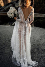 A Line See Through Deep V Neck Long Sleeves Sparkly Wedding Dresses WD569 by pgmdress