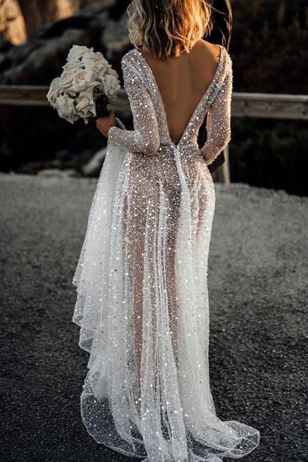A Line See Through Deep V Neck Long Sleeves Sparkly Wedding Dresses WD569 by pgmdress