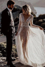 A Line See Through Deep V Neck Long Sleeves Sparkly Wedding Dresses WD569 by pgmdress