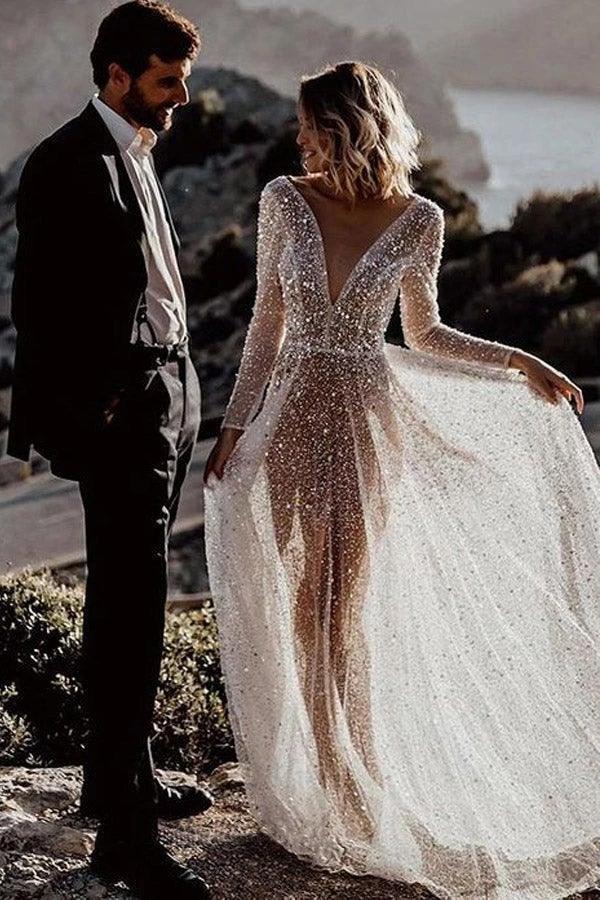 A Line See Through Deep V Neck Long Sleeves Sparkly Wedding Dresses WD569 by pgmdress