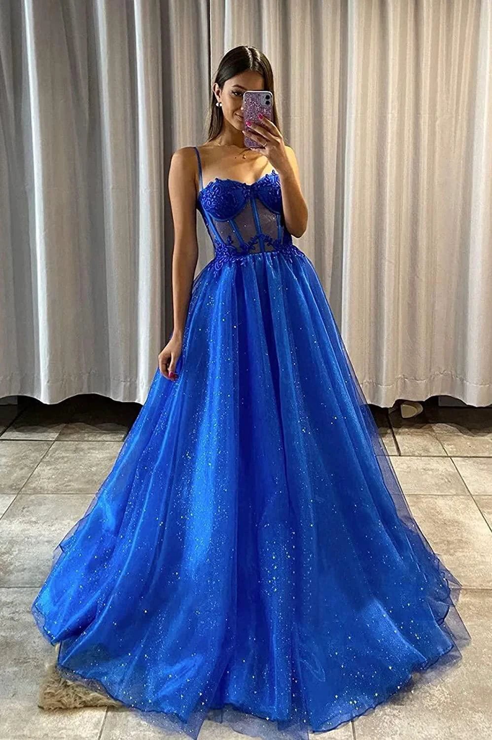A Line Shiny Royal Blue Tulle Sweetheart Formal Prom Dress PSK404 by pgmdress