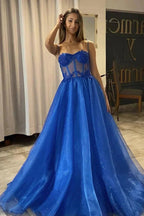 A Line Shiny Royal Blue Tulle Sweetheart Formal Prom Dress PSK404 by pgmdress